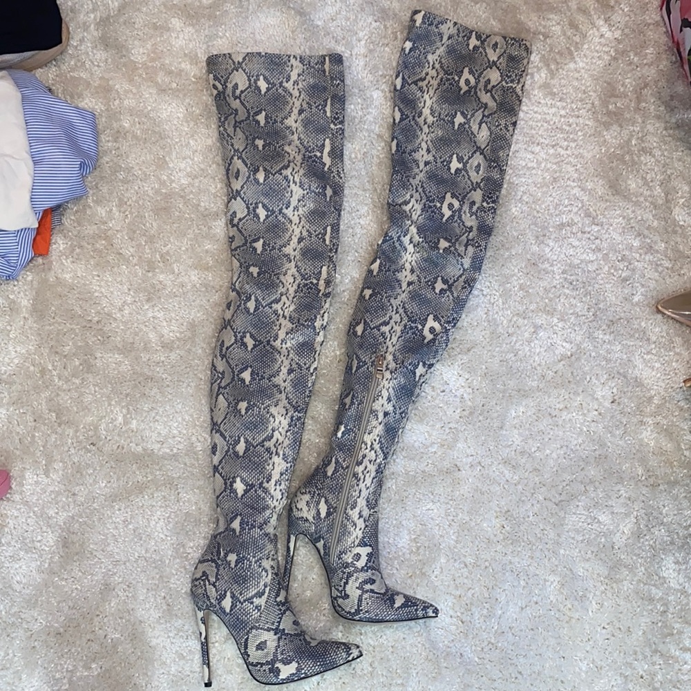 Faux snakeskin thigh high boots